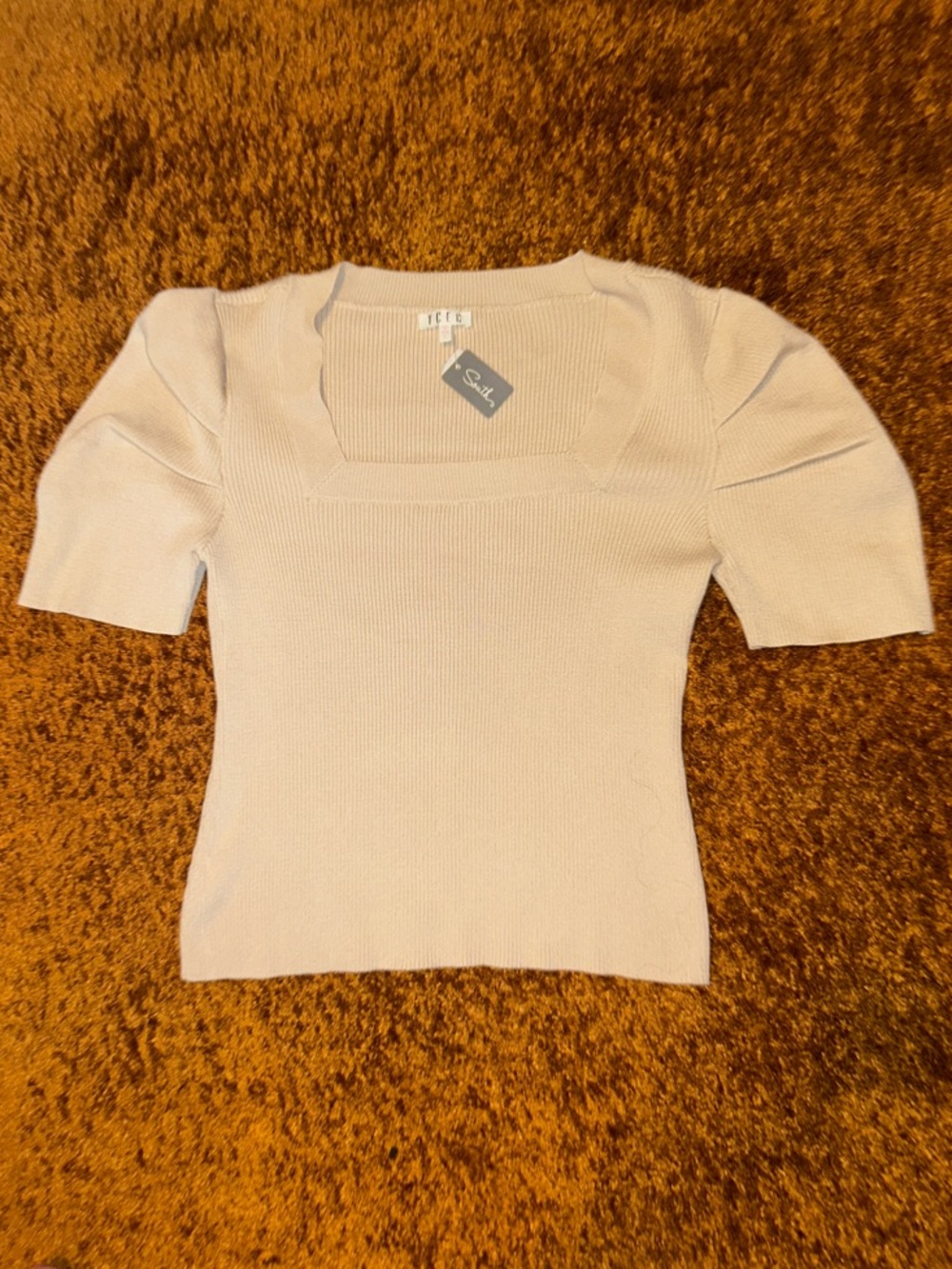 South Pole Beige Square Neck Ribbed Short Sleeve Top